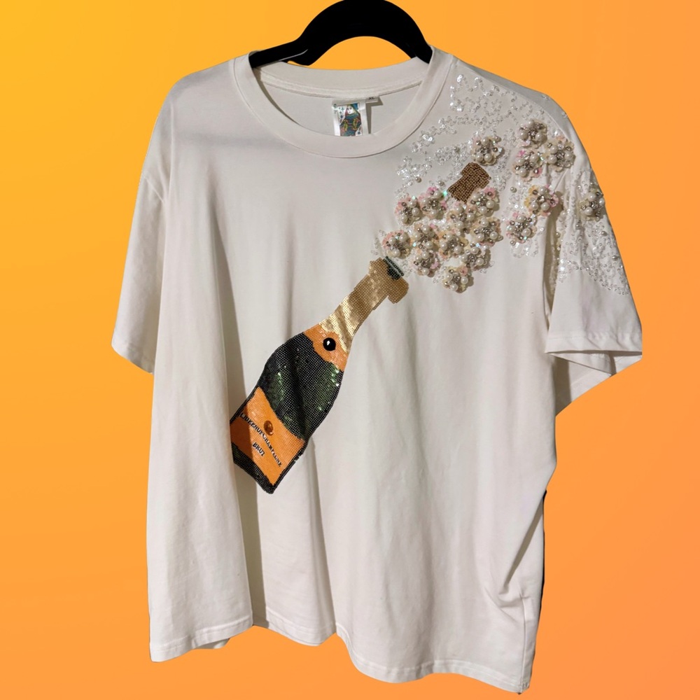 White T-Shirt with Champagne Bottle Design